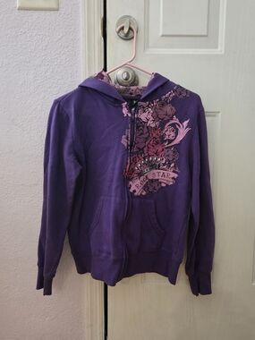 Hide & Seek Junior Purple Zip-Up Hoodie with Pink Floral 'Rock Star' Graphic